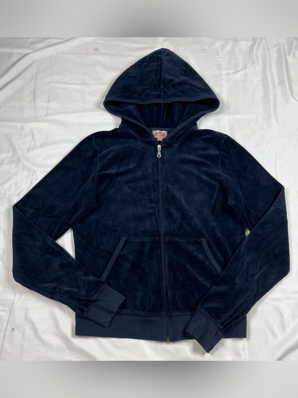 Vintage Juicy Couture Y2K Navy Velour Zip Hoodie Rhinestone Logo Back Size M